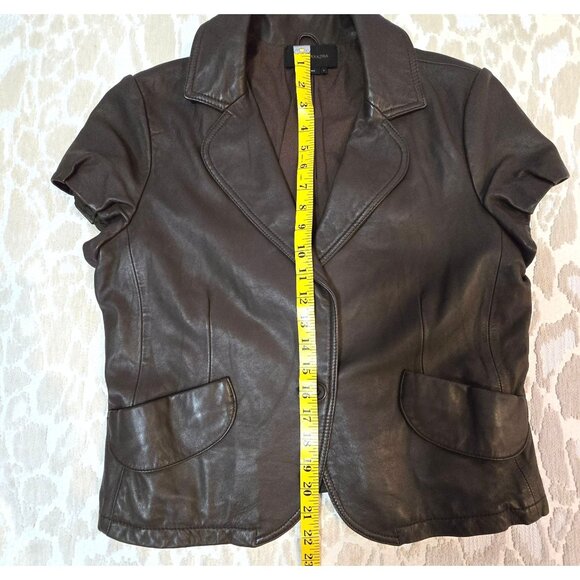 BCBGMAXAZRIA Women's Brown Leather Short Sleeve Tailored Blazer Jacket Large - Picture 13 of 14